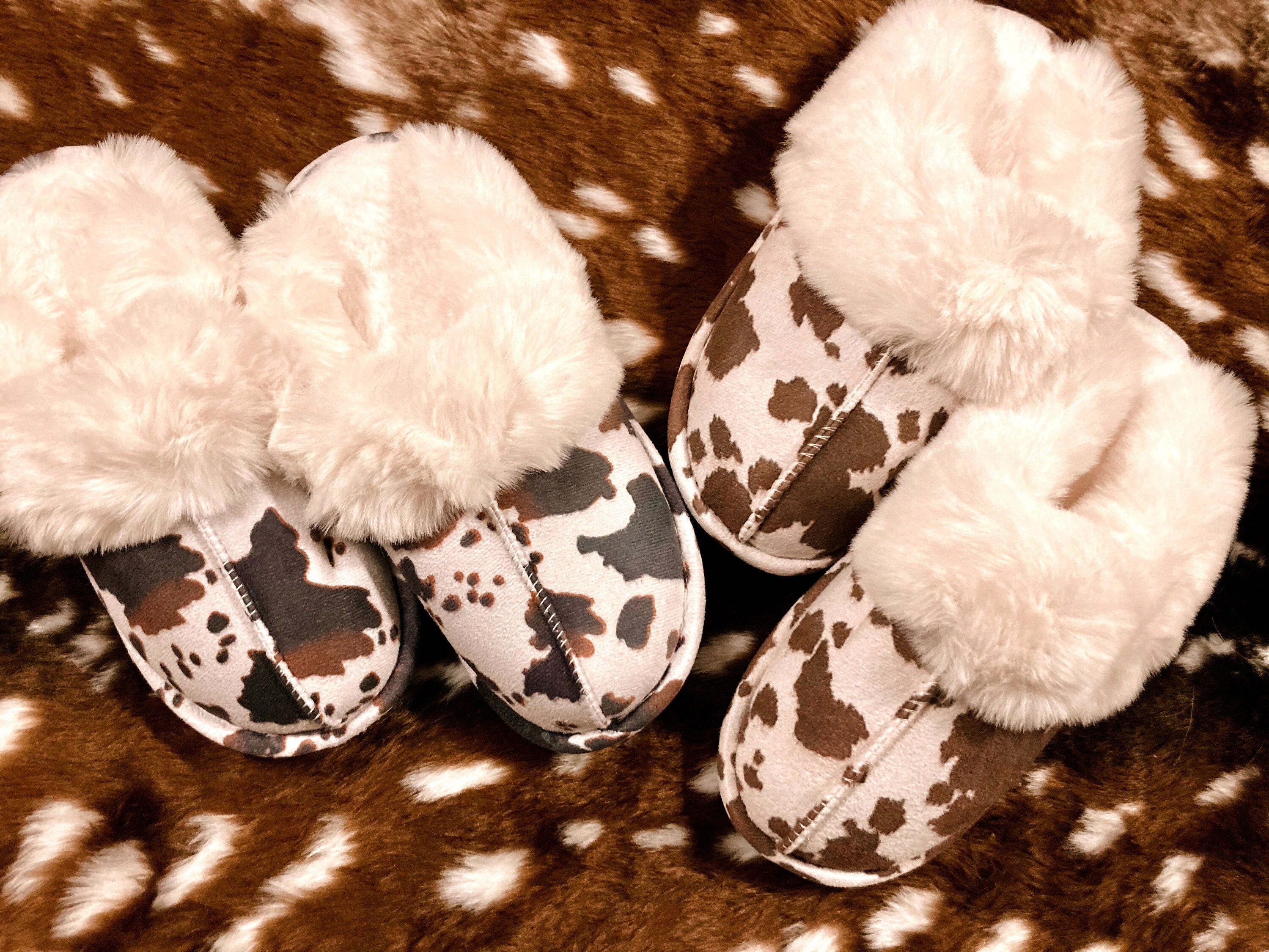 Cow print fuzzy slippers sale
