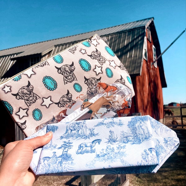 Vintage  Blues/horse. Clear Makeup bag/toiletry bag/storage bag/ highland cow / turquoise