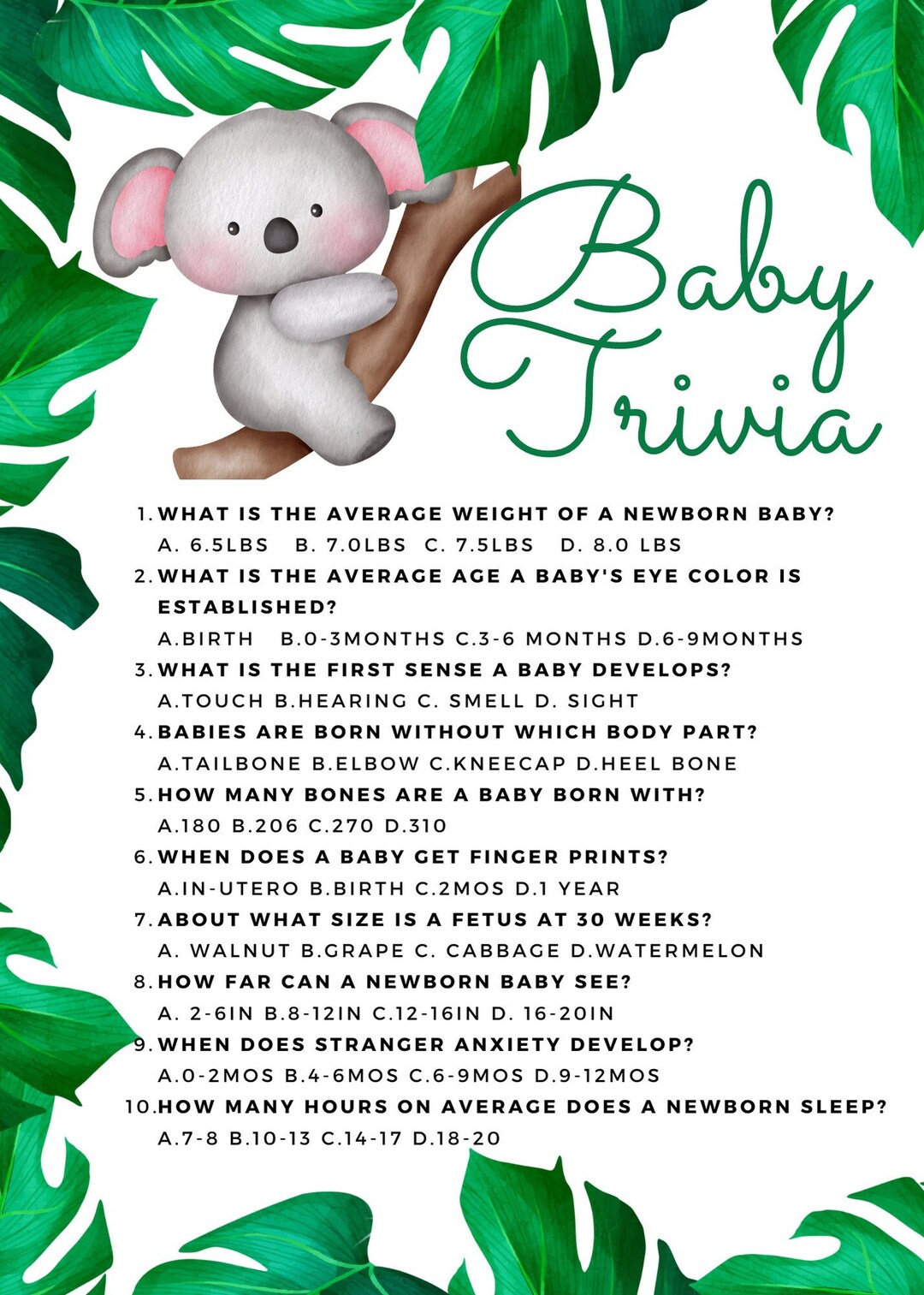 Jungle Theme Printable Baby Trivia Game Etsy