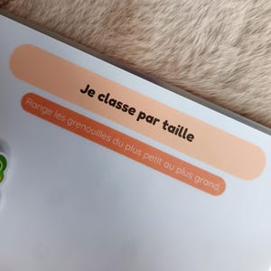 K&ouml;nnte beinhalten: Eine wei&szlig;e Seite mit zwei rechteckigen Etiketten in Orange. Das obere Etikett lautet "Je classe par taille" in schwarzem Text. Das untere Etikett lautet "Range les grenouilles du plus petit au plus grand" in schwarzem Text.