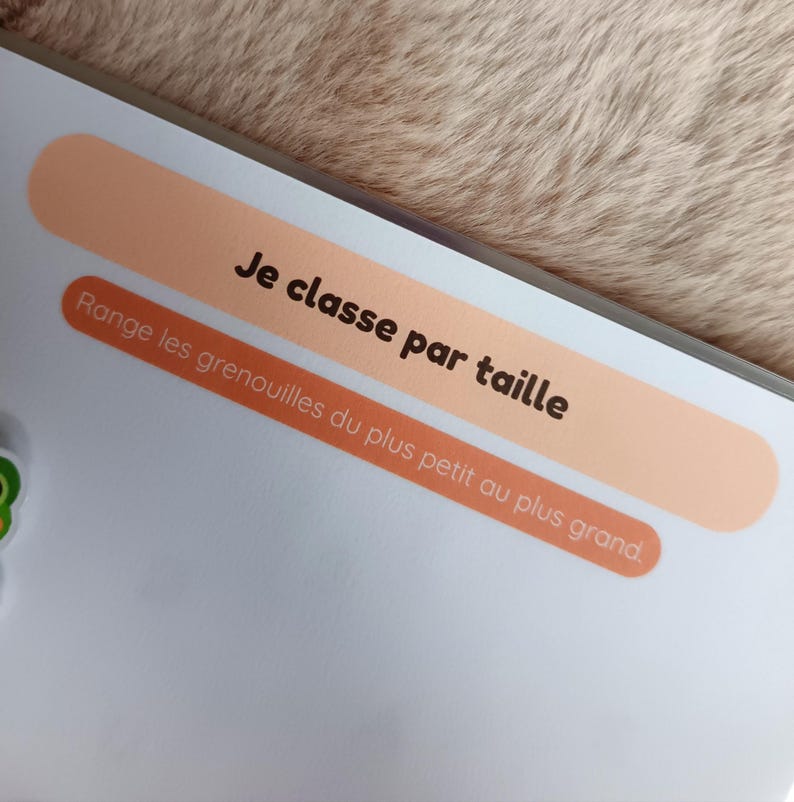 K&ouml;nnte beinhalten: Eine wei&szlig;e Seite mit zwei rechteckigen Etiketten in Orange. Das obere Etikett lautet "Je classe par taille" in schwarzem Text. Das untere Etikett lautet "Range les grenouilles du plus petit au plus grand" in schwarzem Text.