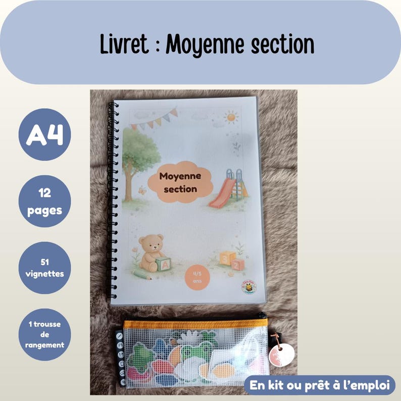 K&ouml;nnte beinhalten: Ein A4-Ringbuch mit dem Titel "Livret: Moyenne section" mit 12 Seiten und 51 Vignetten. Das Cover zeigt eine Spielplatzszene mit einer Teddyb&auml;r-Illustration. Enth&auml;lt ein Federm&auml;ppchen mit verschiedenen Formen.