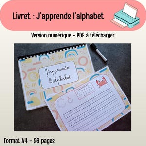 Peut inclure: Un cahier à spirales intitulé "J'apprends l'alphabet" (J'apprends l'alphabet) avec une feuille de travail assortie. La couverture et la feuille de travail présentent des illustrations colorées et la lettre "C" avec des lignes de traçage. Le texte "Version numérique - PDF à télécharger" est également visible.