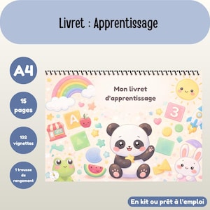Peut inclure: Un livret d'apprentissage A4 à spirales avec une couverture colorée. La couverture présente un panda, un arc-en-ciel et d'autres illustrations de dessins animés. Le livre contient 15 pages et 102 vignettes. Le texte sur la couverture dit "Mon livret d'apprentissage."