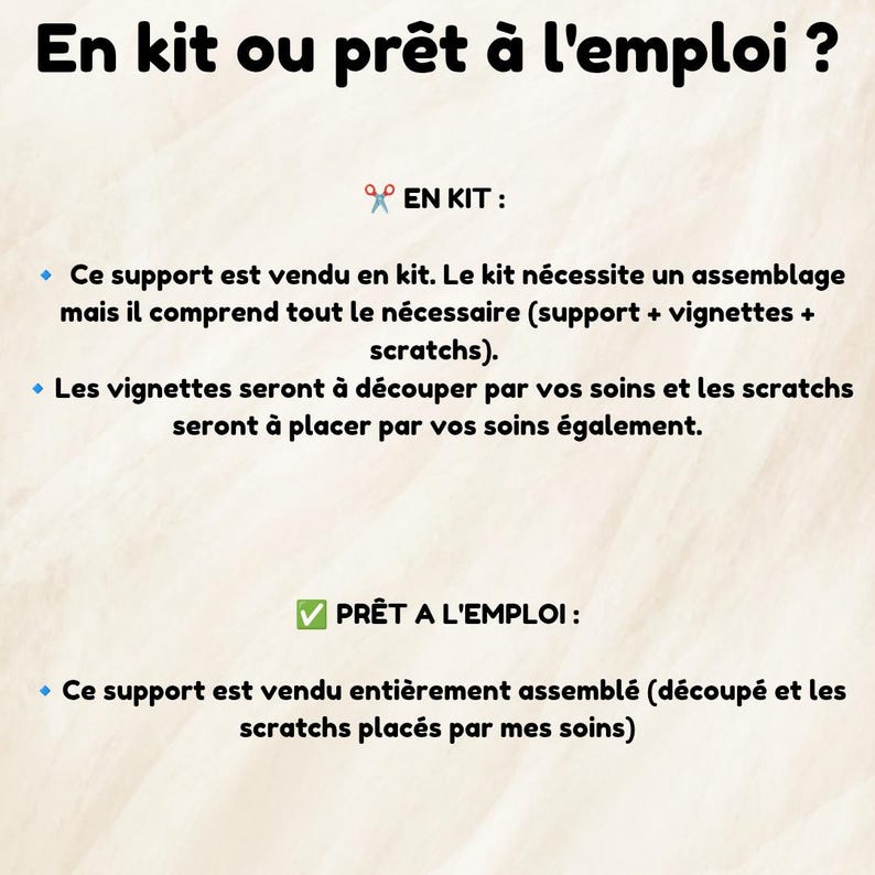 K&ouml;nnte beinhalten: Ein hellbeige Bild mit franz&ouml;sischem Text. Der Text fragt "En kit ou pr&ecirc;t &agrave; l'emploi ?" (Als Bausatz oder gebrauchsfertig?). Es werden Optionen beschrieben: "EN KIT" (Als Bausatz) und "PR&Ecirc;T A L'EMPLOI" (Gebrauchsfertig).