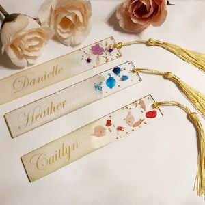 Personalized Real Flower Resin Bookmark with gold flakes / Name Bookmark/ Personalized Gift/ Valentines Gift