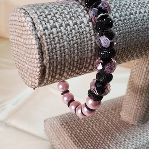 Handmade Pink and Black Jeweled Glass Bead Bracelet