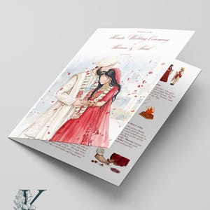 May include: A folded wedding program featuring a watercolor illustration of a couple in traditional Indian attire. The cover displays the text "Hindu Wedding Ceremony" and "Shivani & Sunil" with a date. The interior panels include descriptive text and small illustrations of ritual elements.