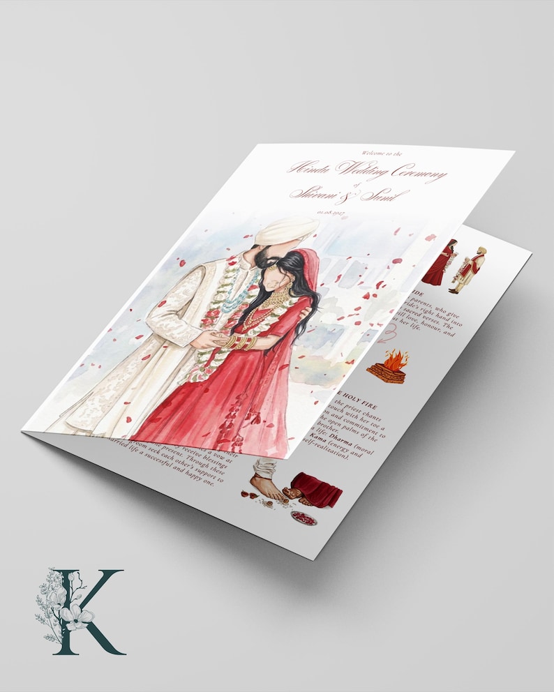 May include: A folded wedding program featuring a watercolor illustration of a couple in traditional Indian attire. The cover displays the text "Hindu Wedding Ceremony" and "Shivani & Sunil" with a date. The interior panels include descriptive text and small illustrations of ritual elements.