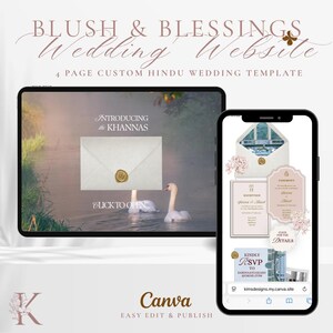 Op de afbeelding: Een digitale trouwwebsite-sjabloon weergegeven op een tablet en smartphone. De sjabloon heeft een zacht kleurenpalet met bloemaccenten, een trouwuitnodiging en RSVP-details. De tekst luidt "Blush & Blessings Wedding Website."