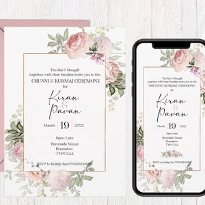 May include: A floral wedding invitation with a gold frame and the text "The Rai & Shergill together with their families invite you to the CHUNNI & KURMAI CEREMONY for Kiran & Pavan March 19 2022 6pm Late Riverside Venue Hounslow TW8 2AA RSVP to Kuldip Rai 07705000302"