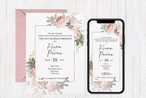 Wedding Engagement Invitation, Sikh Hindu Punjabi Chunni Kurmai Ceremony, Indian Wedding, Floral - Digital Whatsapp Invite