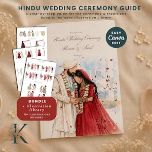 May include: A Hindu wedding ceremony guide bundle featuring a watercolour illustration of a couple in traditional attire. The cover text reads Hindu Wedding Ceremony of Shivani & Sunil. Includes an illustration library with over 70 graphics.