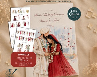 May include: A Hindu wedding ceremony guide bundle featuring a watercolor illustration of a couple in traditional attire. The cover text reads Hindu Wedding Ceremony of Shivani & Sunil. Includes an illustration library with over 70 graphics.