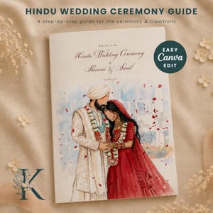 May include: A Hindu Wedding Ceremony Guide booklet featuring a watercolor illustration of a couple in traditional attire. The cover text reads: Hindu Wedding Ceremony Guide, A step-by-step guide for the ceremony & traditions, Welcome to the Hindu Wedding Ceremony of Shivani & Sunil, 01.08.2017, and Easy Canva Edit.
