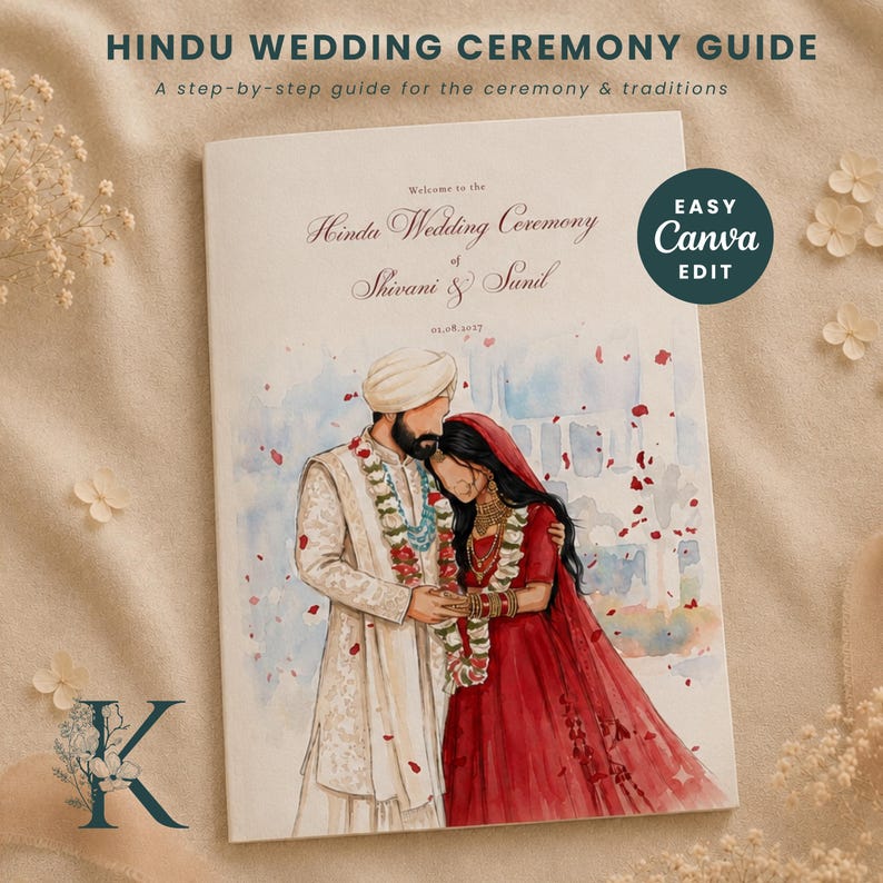 May include: A Hindu Wedding Ceremony Guide booklet featuring a watercolor illustration of a couple in traditional attire. The cover text reads: Hindu Wedding Ceremony Guide, A step-by-step guide for the ceremony & traditions, Welcome to the Hindu Wedding Ceremony of Shivani & Sunil, 01.08.2017, and Easy Canva Edit.