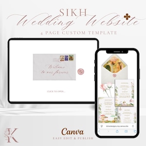 Pode incluir: Uma apresentação digital de um modelo de site de casamento Sikh em um tablet e smartphone. O design do site apresenta um tema floral com o texto "Welcome to our forever" em um design de envelope. O logotipo Canva é visível.