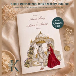 May include: A Sikh wedding ceremony guide booklet featuring the text "SIKH WEDDING CEREMONY GUIDE" and "Welcome to the Anand Karaj of Amrita & Sandeep 01.08.2027". The cover displays an illustration of a couple in traditional attire near a golden structure.
