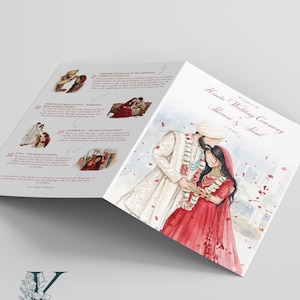 May include: A folded wedding program featuring a watercolor illustration of a couple in traditional attire on the cover. The interior pages display text and smaller illustrations detailing Hindu wedding ceremony rituals, including Sindoor and Vidai.