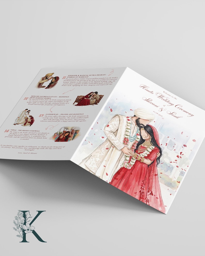 May include: A folded wedding program featuring a watercolor illustration of a couple in traditional attire on the cover. The interior pages display text and smaller illustrations detailing Hindu wedding ceremony rituals, including Sindoor and Vidai.