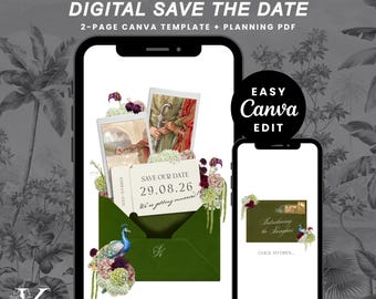 Indian Wedding Save the Date Canva Template | South Asian Floral Peacock Design (Digital Download)