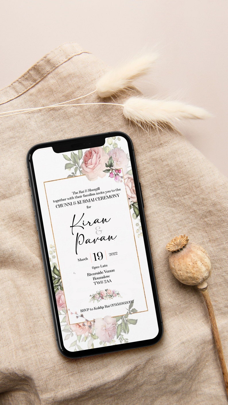 Floral Indian Wedding Engagement Invitation, Chunni Kurmai Ceremony (Digital Whatsapp Invite) image 2