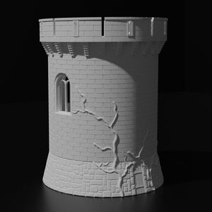 May include: A white, 3D printed model of a small, stone tower with a window and cracks in the wall. The tower is on a black background.