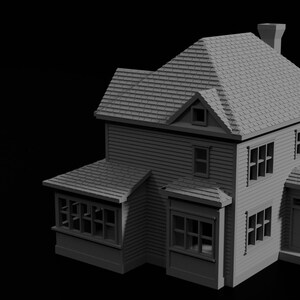 Puede incluir: Un modelo gris de una casa de dos pisos con un techo a dos aguas, un porche y varias ventanas.