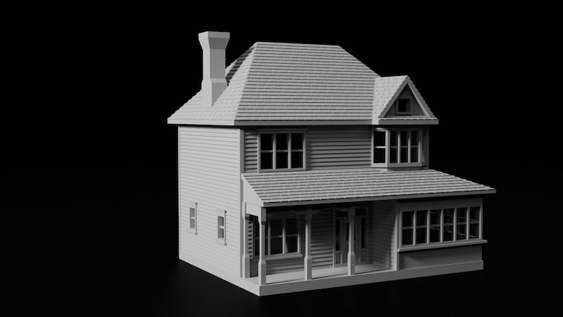 Puede incluir: Un modelo blanco de una casa de dos pisos con un porche, una chimenea y varias ventanas. La casa est&aacute; sobre un fondo negro.