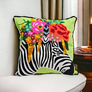 Zebra Cushion/pillow Cover, embellished cushion cover, pillow cover, Embroidery Colourfull cover, Home decoration ( 16 x 16 Inches )