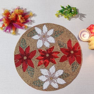 Floral handmade beaded placemat, beaded charger, beaded table mat, round mat, Festive Gold Red Green Beaded Placemats for Dining Table