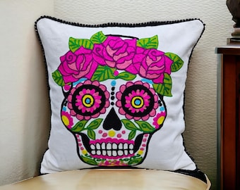 PICK ANY 2, 3 OR 5 Embroidered pillow case, colorful home decor, Sugar skull pillow Halloween Decor Gifts, Throw Pillow Home Décor