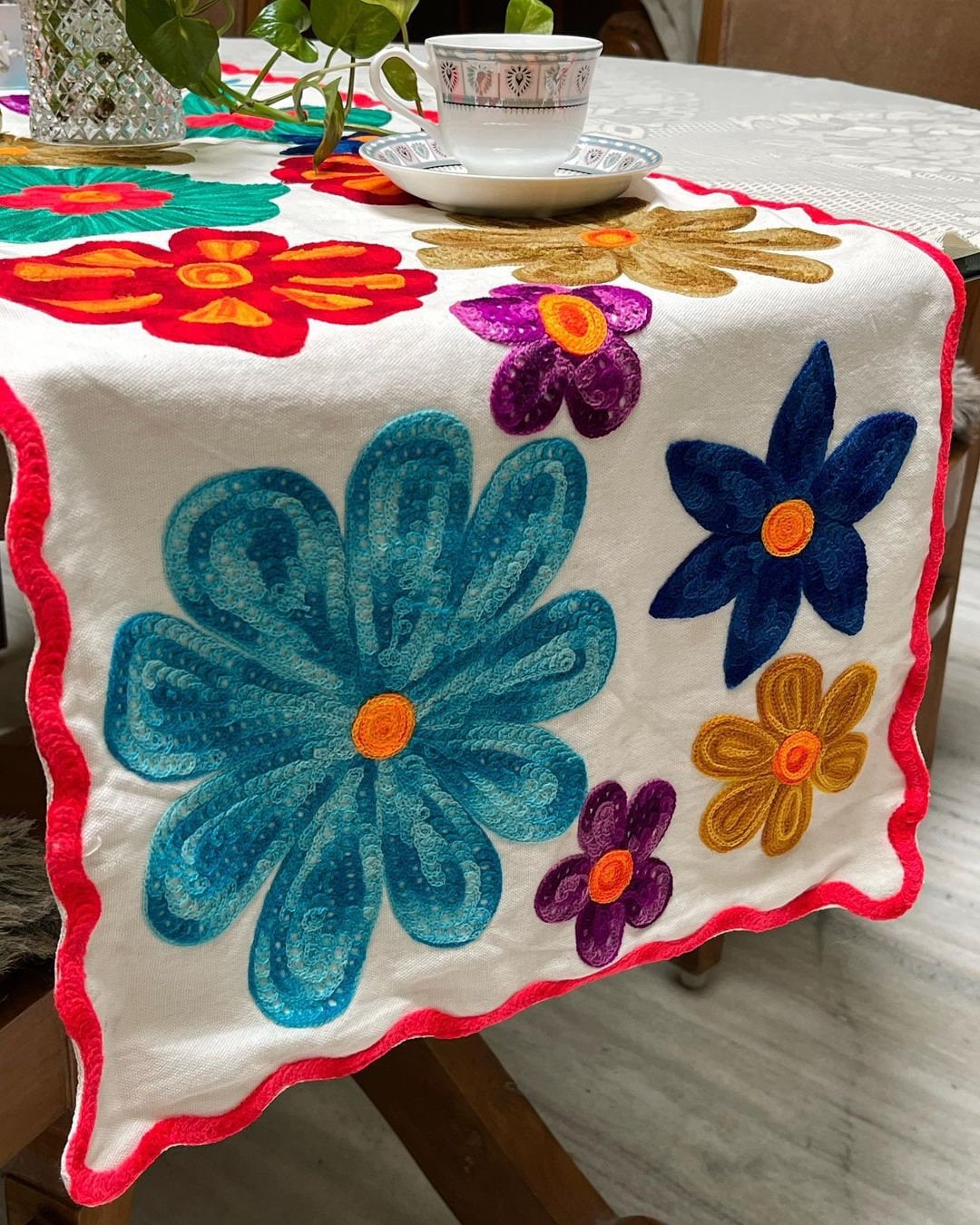 The Tulip Hand Embroidered Cotton Linen Table Runner-handmade