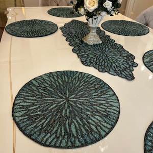 Blue chrysanthemum flower handmade beaded table runner. Matching placemats also available.