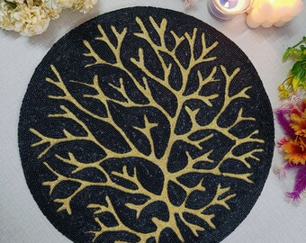 Luxury Handmade Black Gold Beaded Placemats, Handmade Placemat Boho, Dining Table Mats, Wedding Table Decor, Unique Kitchen Gifts