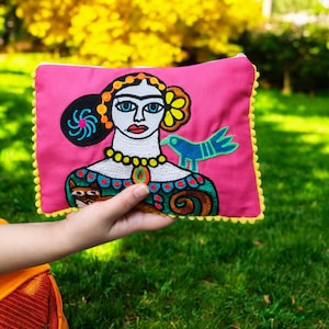 Set Of 5 Frida Kahlo-Inspired Makeup Pouch – Bold and Artistic Cosmetic Bag / Unique and Artistic Design ( 10X7)IN
