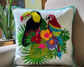 SET OF 2 Hornbill Design cushion cover , Colourful home decor , embroidery Bird decorative cushion