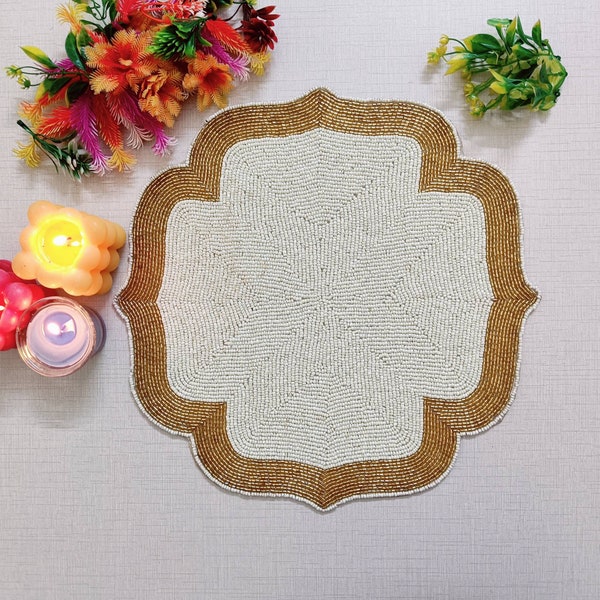 handmade beaded placemat, beaded table mat, gold and white, embroidered decorative placemat Handmade beaded table runner