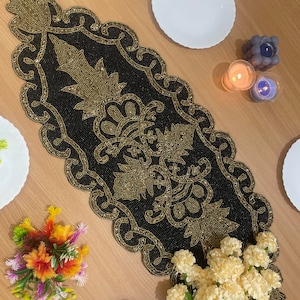 Black and Gold Handmade Beaded Table Runner, floral design table decor Embellished Black And Gold Beaded Table 36x13 inch