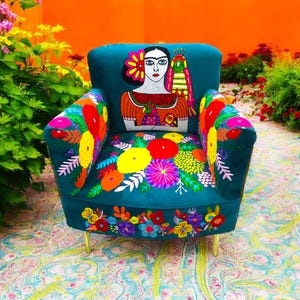 Handcrafted Suzani Arm Chair | Vintage Boho Accent Chair |  Arm Chair / Frida Embroidered Yellow Arm Chair / Suzani Chair