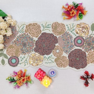 Off-white With Multicolor Flowers Handmade Beaded Table Runner