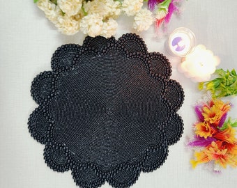 Handmade beaded placemat, beaded tablemat, 14 inch, black handmade beaded placemat, beaded table mat, round mat