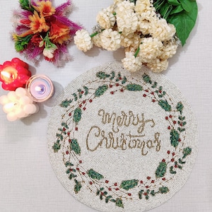 Handmade beaded placemat, white round placemat, table topper, decorative centerpiece, Christmas decoration gift for her, table mat