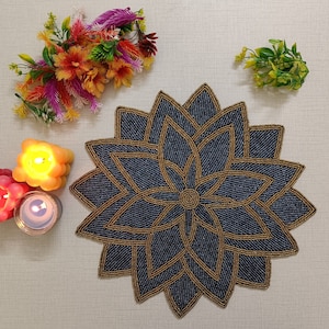 Blue - Gold Beaded Placemats Table placemat, Beaded Charger, ornamental design, Decorative mat, House warming gift