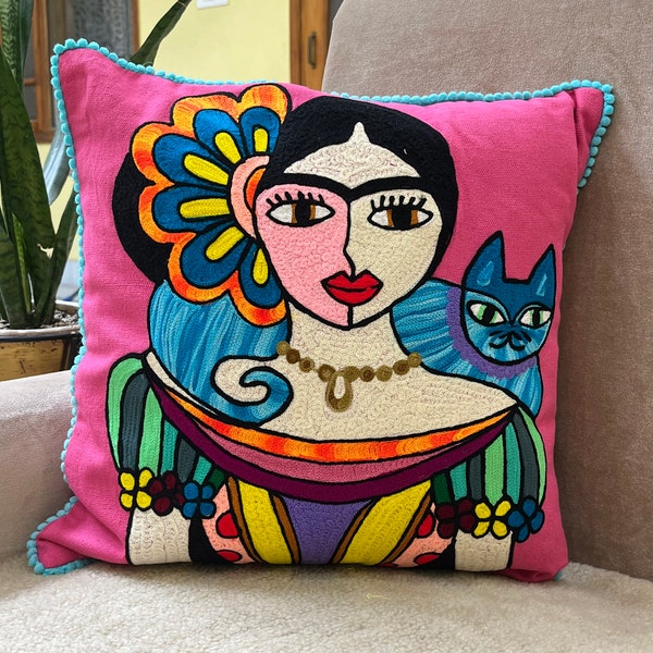 Frida Kahlo Embroidered Cushion Cover. Frida Kahlo Decorative Throw. Mexican Floral Cushion Cover. Boho Pillow Cover. Mexican Cushion Cover