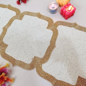Table runner, handmade beaded table runner, gold border on white bead runner, Silver and Gold design beaded runner for spring 13x36inch