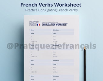 May include: A French verb conjugation worksheet with a blue, white, and red French flag graphic. The worksheet has four sections with the headings "Verb", "Stem", "Definition", and "Tense".