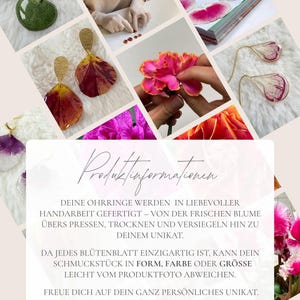 May include: A selection of handmade earrings with pressed flower petals in different colours. The image includes a close-up of a pink flower and text that reads "Produktinformationen" and "www.tascreation.com".