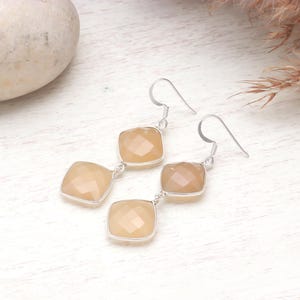 Peach Moonstone Cushion Earrings: Sterling Silver Boho Dangle Jewelry