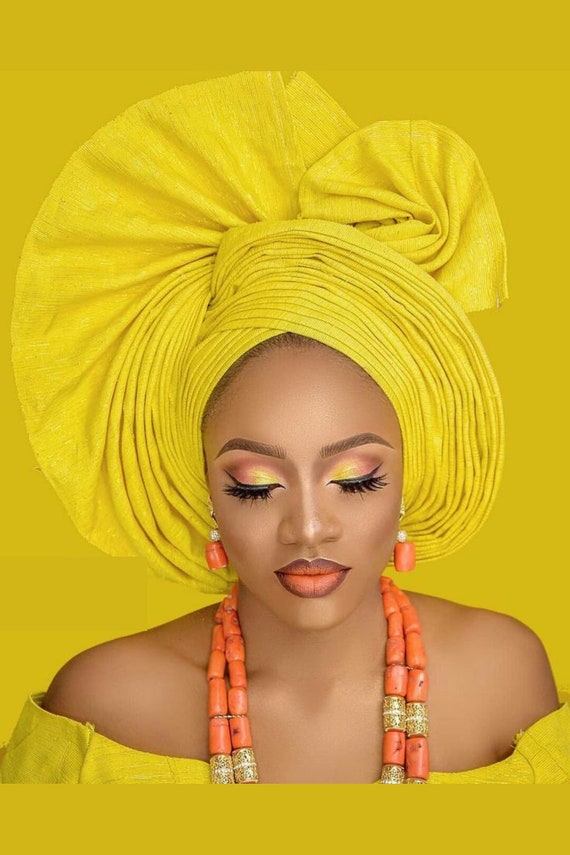 Africa Nigeria Yellow Gele Headtie Hat Asooke Etsy